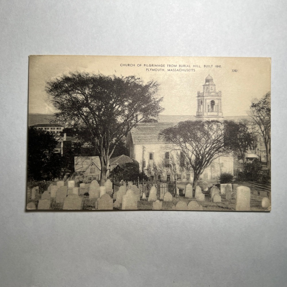 1920 VTG Plymouth Mass Postcard Church of Pilgrimage Burial Hill USA 3202 ANTIQU
